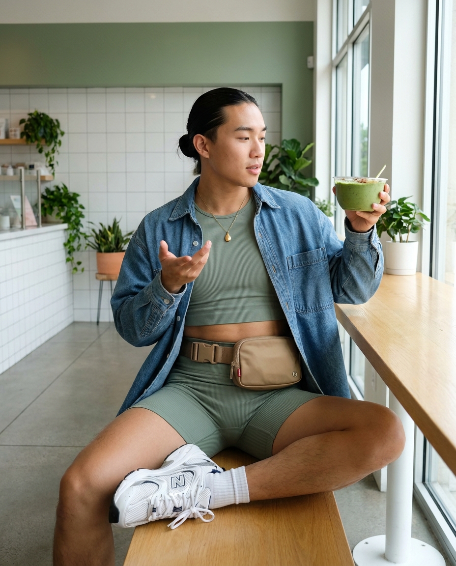 SKIPIKS AI 패션 화보 — athleisure, casual — 아침 공기처럼 상쾌한 카키 컬러의 크롭탑과 바이커 쇼츠로 구성된 스포티한 여름 룩입니다. 데님 셔츠로 캐주얼한 무드를 더한 동시에 실용성을 함께
