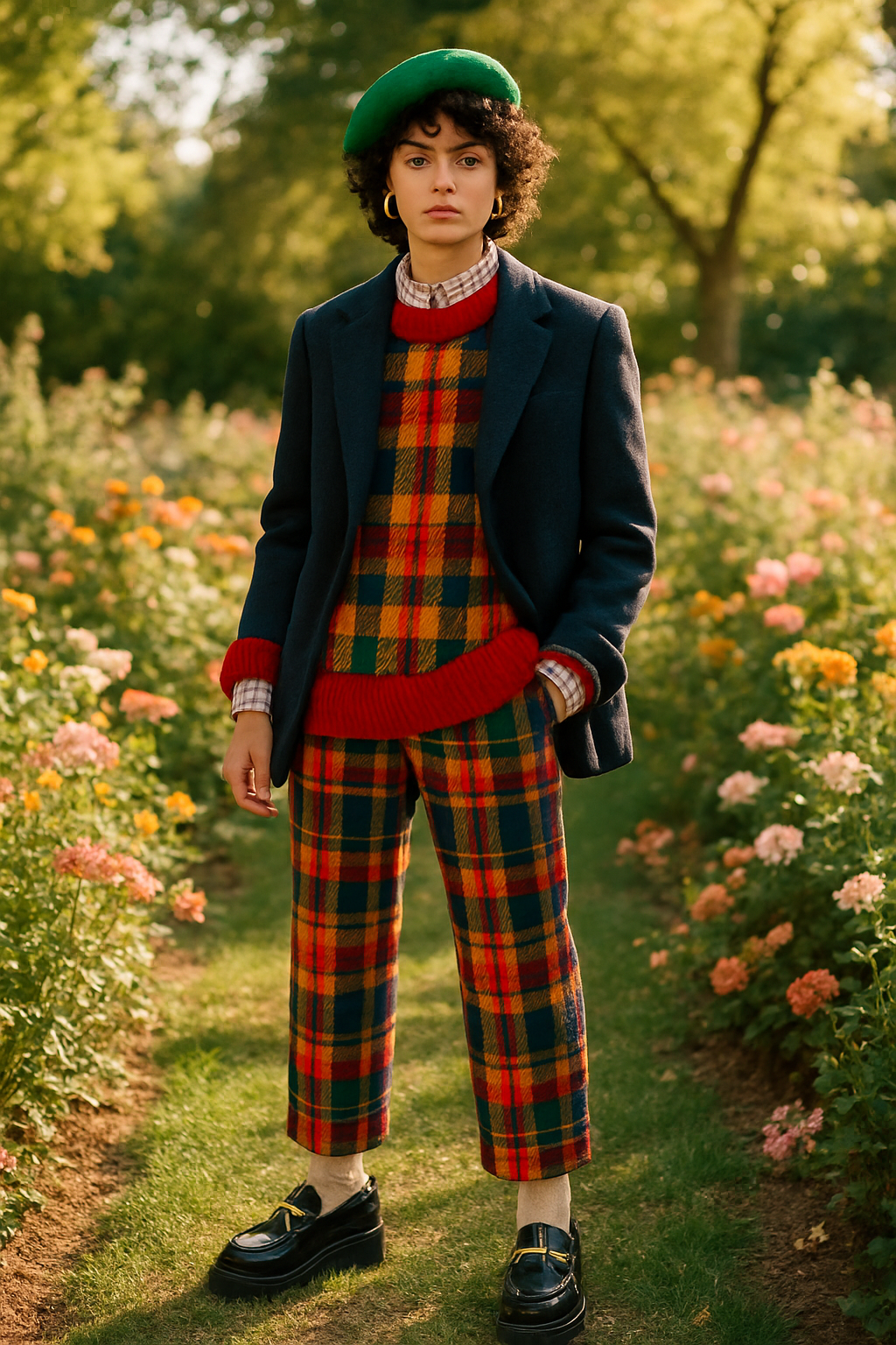 SKIPIKS AI时尚大片 — preppy, retro — 레트로 무드가 가득한 체크 패턴의 셋업이 매력을 더해주는 가을 룩이에요. 네이비 블레이저와 그린 베레모를 매치해 클래식한 분위기를 완성해보세요.