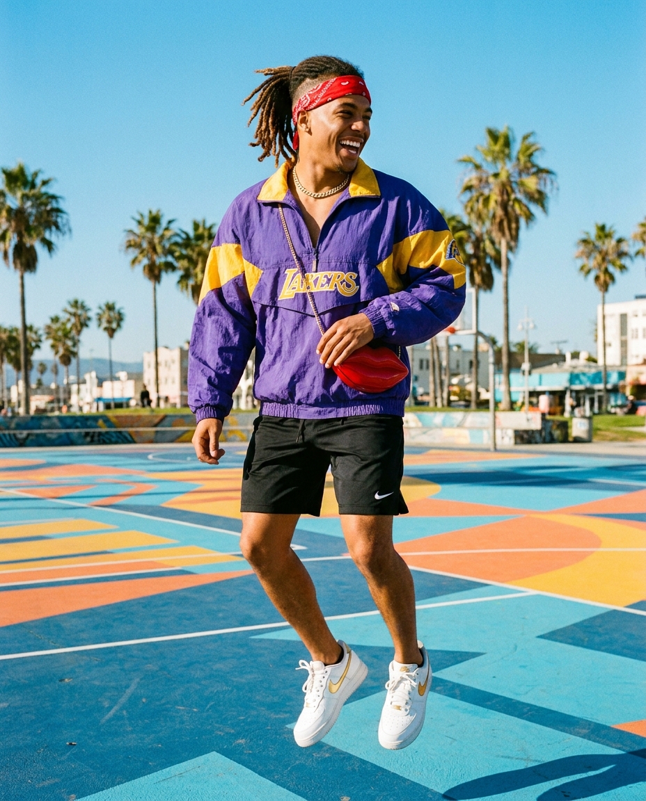 SKIPIKS AI 패션 화보 — streetwear, sporty, casual — 선명한 보라색과 노란색의 바람막이가 레트로한 무드를 더해주네요. 가벼운 검정 반바지와 흰색 스니커즈를 매치하여 스포티하고 경쾌한 스타일링을 완성