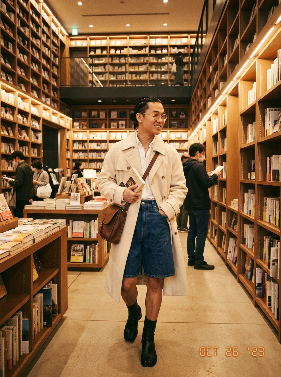 SKIPIKS AI 패션 화보 — minimalist, preppy — 베이지 트렌치코트와 블루 데님 반바지가 조화를 이루며 세련된 가을 무드가 느껴져요. 클래식한 안경과 브라운 숄더백을 더해 빈티지하면서도 지적인 