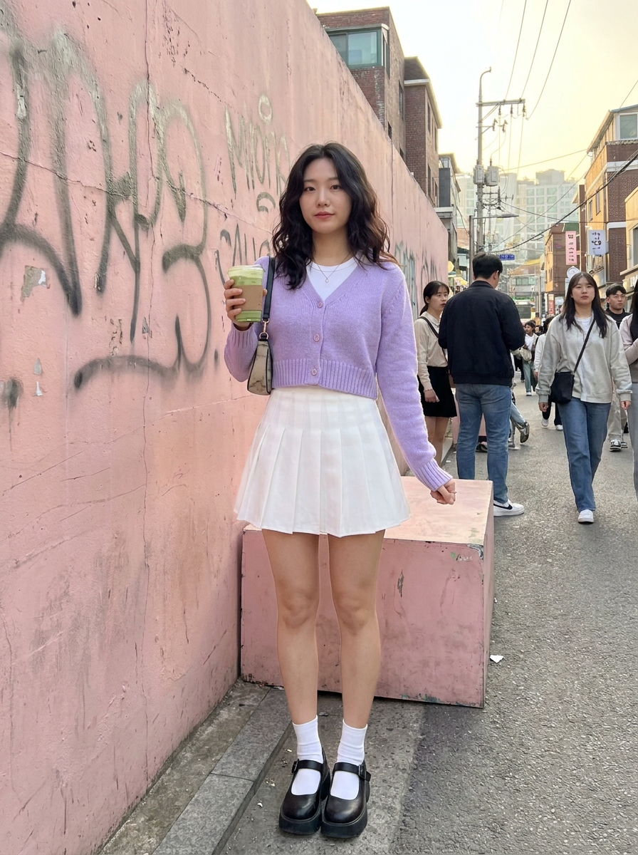 SKIPIKS AIファッション写真 — feminine, streetwear — 이 룩은 봄날에 어울리는 부드러운 페미닌 무드가 돋보입니다. 연보라 가디건과 흰색 플리츠스커트의 조화가 상큼하면서도 깔끔한 실루엣을 완성합니다.
