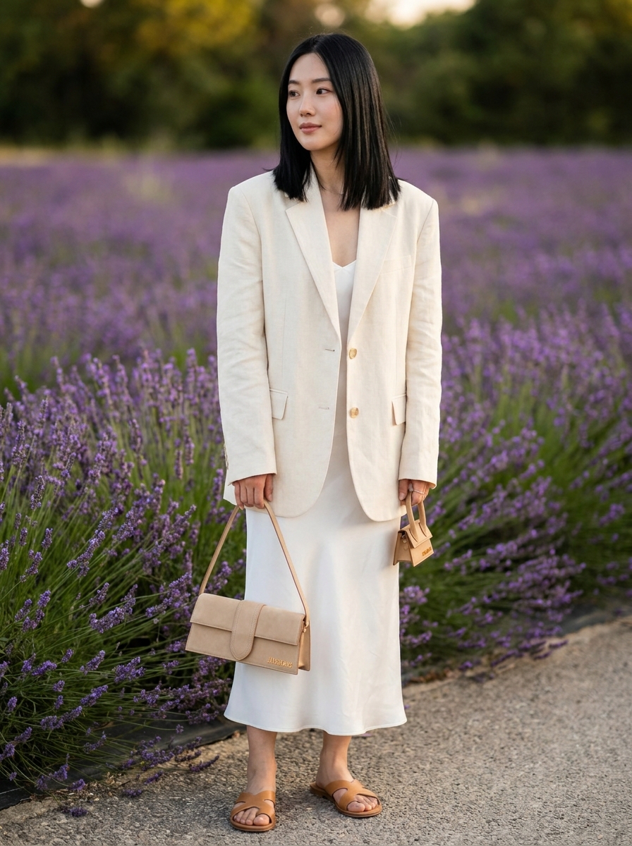 SKIPIKS AIファッション写真 — minimalist, feminine — 차분한 크림과 화이트 컬러의 매치가 여름의 산뜻함을 완성해주는 스타일이에요. 블레이저와 슬립 드레스의 조합은 세련된 무드를 연출하며, 베이직한 