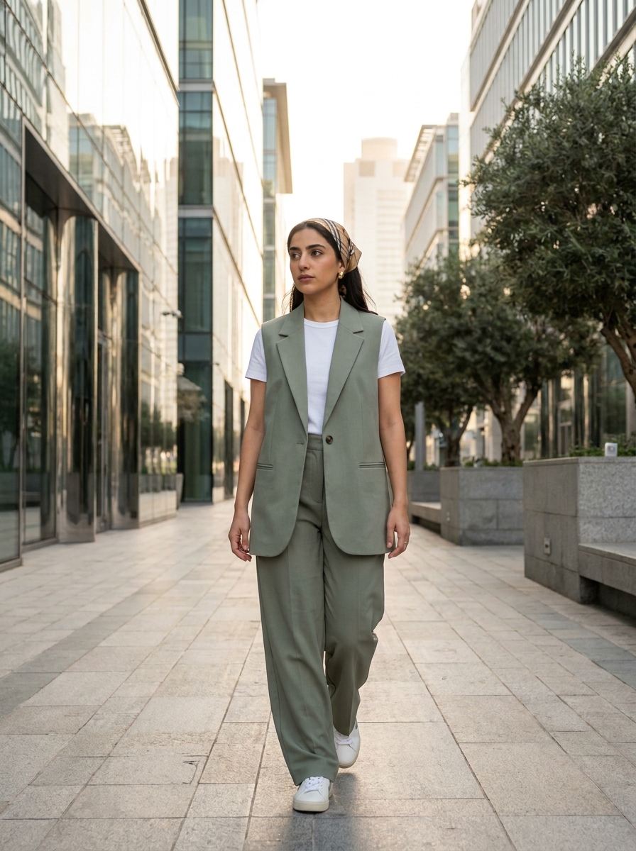 SKIPIKS AIファッション写真 — sophisticated, modern — 올리브 그린 컬러의 재킷과 팬츠가 세련된 분위기를 자아내며, 깔끔한 흰색 티셔츠가 전체 룩의 조화를 이루어줍니다. 올리브 그린 톤을 유지하면서 