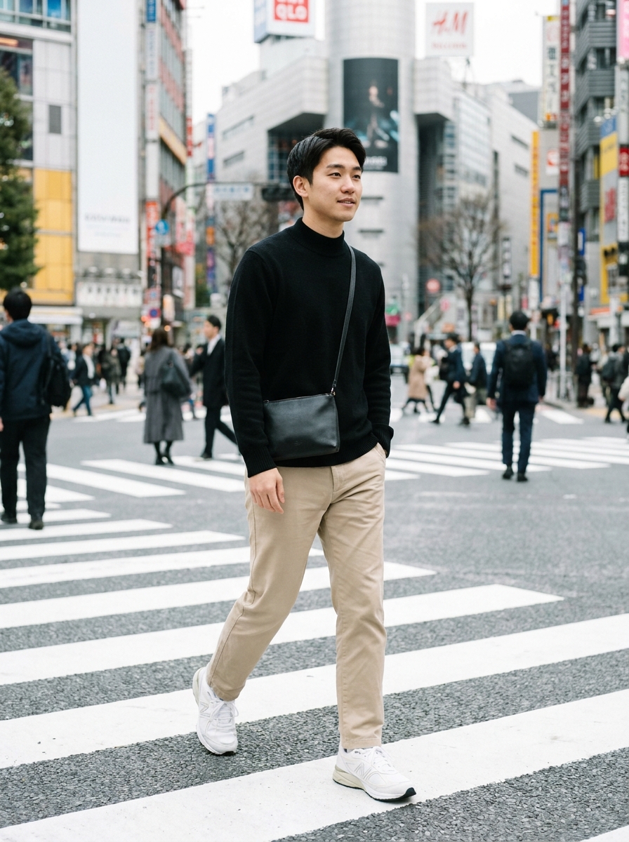 SKIPIKS AIファッション写真 — minimalist, casual — 세련된 검은색과 베이지의 조화로 미니멀하면서도 따뜻한 분위기를 연출하는 룩입니다. 터틀넥 스웨터와 치노 팬츠의 매치는 세련된 도시 스타일로, 크
