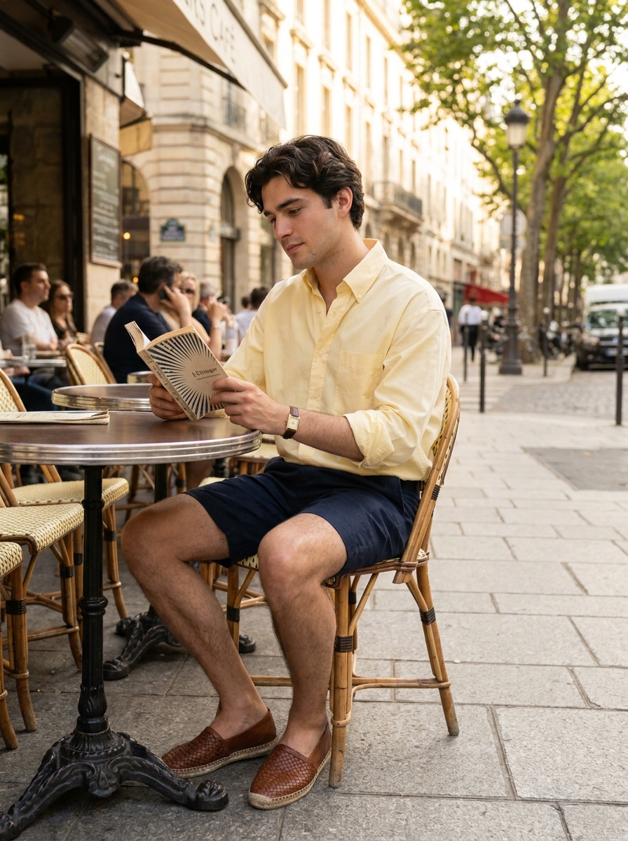 SKIPIKS AIファッション写真 — casual, classic — 柔らかな黄色のシャツが視線を引き付け、カジュアルな夏の雰囲気を醸し出します。ネイビーカラーのショートパンツとブラウンのローファーを合わせるトーン・オン・トーンの