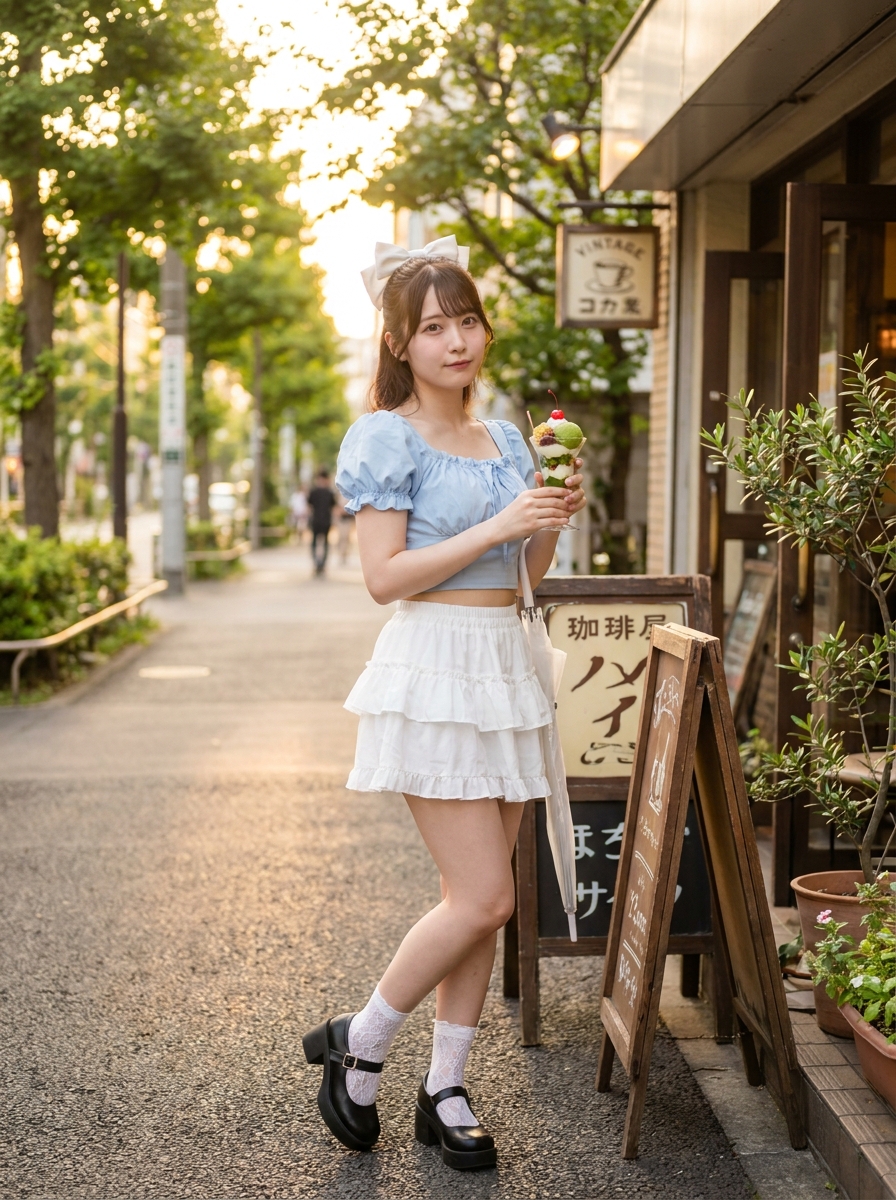 SKIPIKS AIファッション写真 — feminine, cute, romantic — 하늘색 블라우스와 프릴이 있는 화이트 스커트가 사랑스러운 여름 스타일을 완성합니다. 여기에 메리 제인 슈즈와 레이스 양말을 더하면 소녀스러운 매