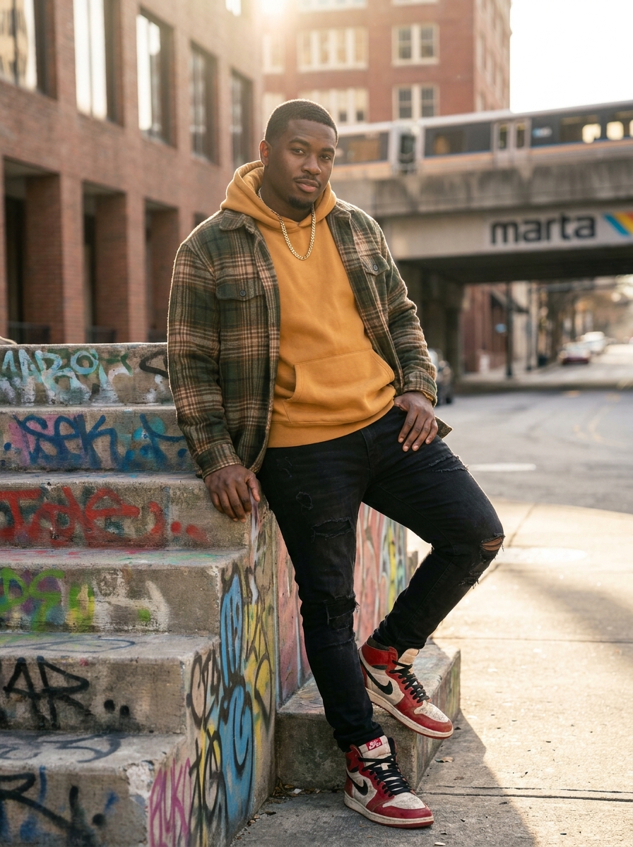 SKIPIKS AI 패션 화보 — streetwear, casual — 카키 컬러의 체크 셔켓과 머스타드 후드티가 조화롭게 어우러진 룩이에요. 찢어진 흑청바지와 하이탑 스니커즈로 캐주얼하면서도 개성 넘치는 스타일을 