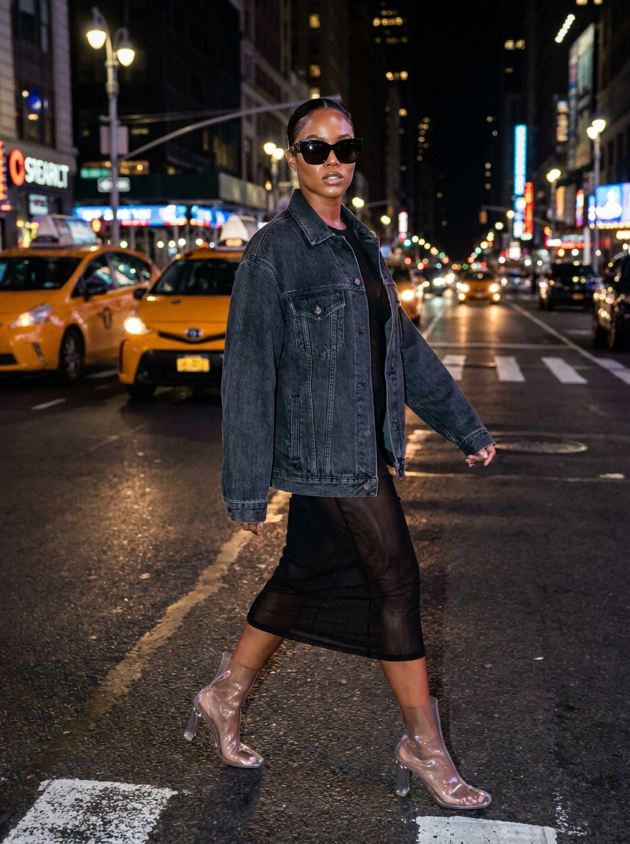 SKIPIKS AI fashion editorial — streetwear, sophisticated — 도시적 감성이 돋보이는 데님 재킷과 시스루 드레스가 조화를 이루며 시크한 매력을 발산합니다. 투명한 클리어 부츠로 룩에 트렌디한 포인트를 더해보