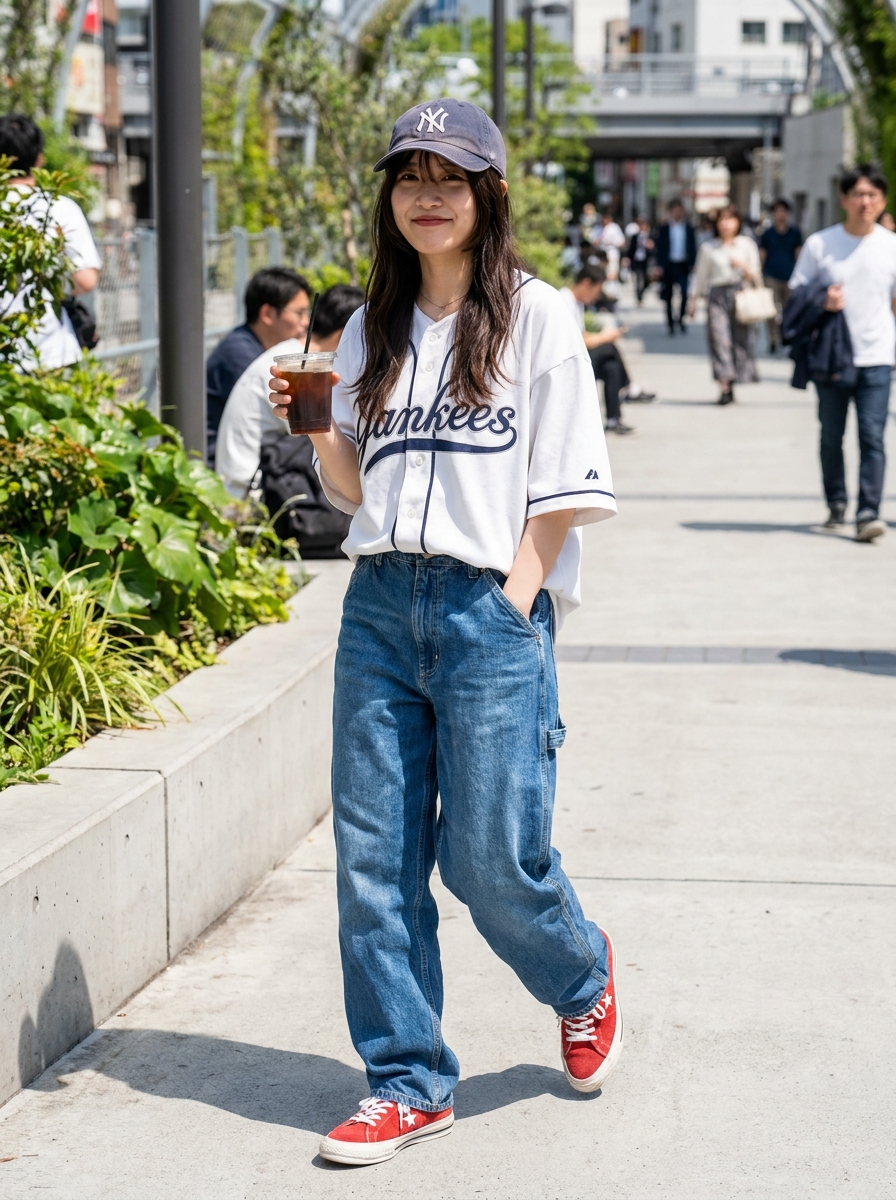 SKIPIKS AI fashion editorial — casual, sporty — 편안하면서도 스포티한 무드를 완성하는 여유로운 야구 셔츠와 청바지의 조합이에요. 여기에 화사한 빨간색 운동화로 포인트를 주어 활기찬 느낌을 더해