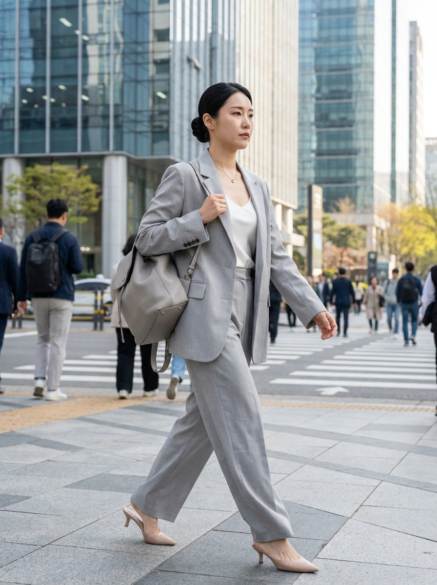 SKIPIKS AI 패션 화보 — modern, minimalist, business — 도시적이고 세련된 무드가 돋보이는 그레이 수트 스타일입니다. 화이트 탑과 매치하여 깨끗하고 깔끔한 인상을 줍니다. 베이지 힐과 백팩으로 여성스러