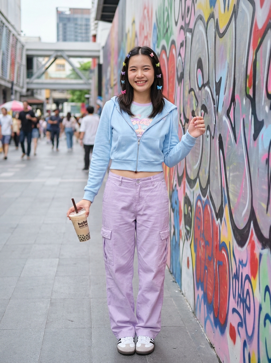 SKIPIKS AIファッション写真 — streetwear, playful, colorful — 밝은 하늘색 크롭 후드와 라벤더 카고 팬츠가 경쾌한 컬러 매치를 선보이는 룩입니다. 헤어핀으로 포인트를 주어 귀여움을 더해보세요. 스트리트 무드
