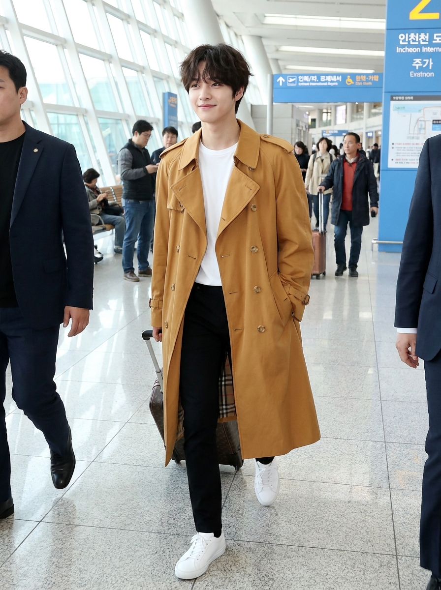 SKIPIKS AI fashion editorial — minimalist, casual — 베이지 트렌치코트로 가을의 무드를 담아낸 세련된 공항 패션이에요. 깔끔한 흰색 티셔츠와 검정 팬츠가 심플하면서도 스타일리시한 조화를 이룹니다. 