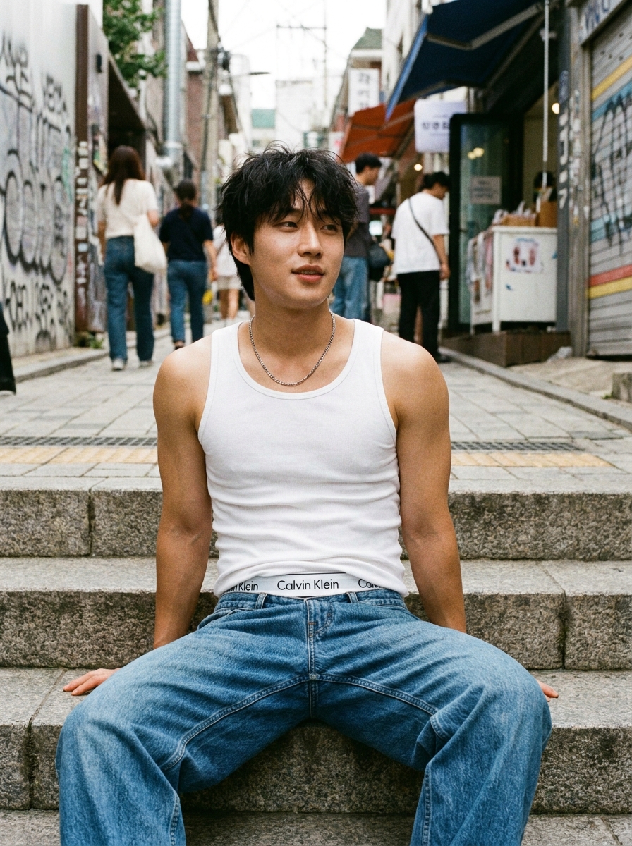 SKIPIKS AI 패션 화보 — streetwear, casual — 화사한 흰색 탱크탑과 파란색 청바지의 조합이 시원한 여름 분위기를 자아내요. 심플한 목걸이로 포인트를 더해 스타일리시한 무드 완성해보세요. 도심