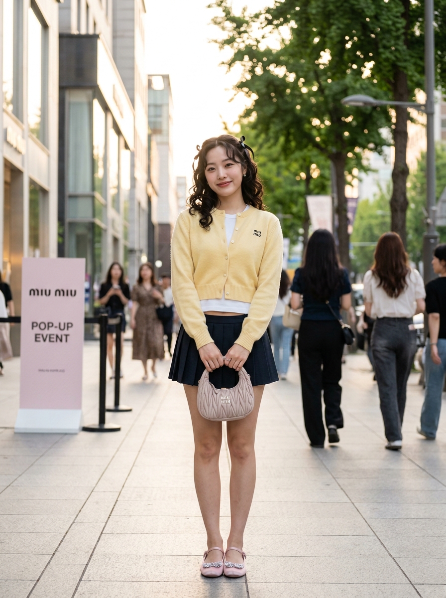 SKIPIKS AI 패션 화보 — feminine, casual, playful — 연노랑 가디건과 네이비 플리츠 스커트가 상큼한 조화를 이루며, 여성스러운 매력을 한층 강조해 보세요. 핑크 메리 제인 슈즈로 러블리한 포인트를 