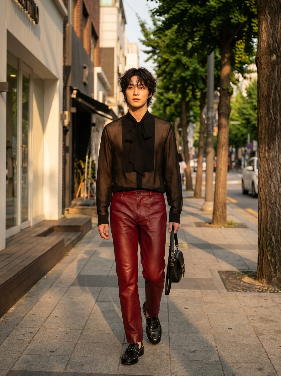 SKIPIKS AI 패션 화보 — chic, modern, edgy — 시크한 무드가 돋보이는 블랙 시스루 블라우스와 레드 가죽 팬츠의 조합이 매력적인 룩입니다. 이 룩은 강렬한 컬러 대비로 개성을 살리고 싶을 때 
