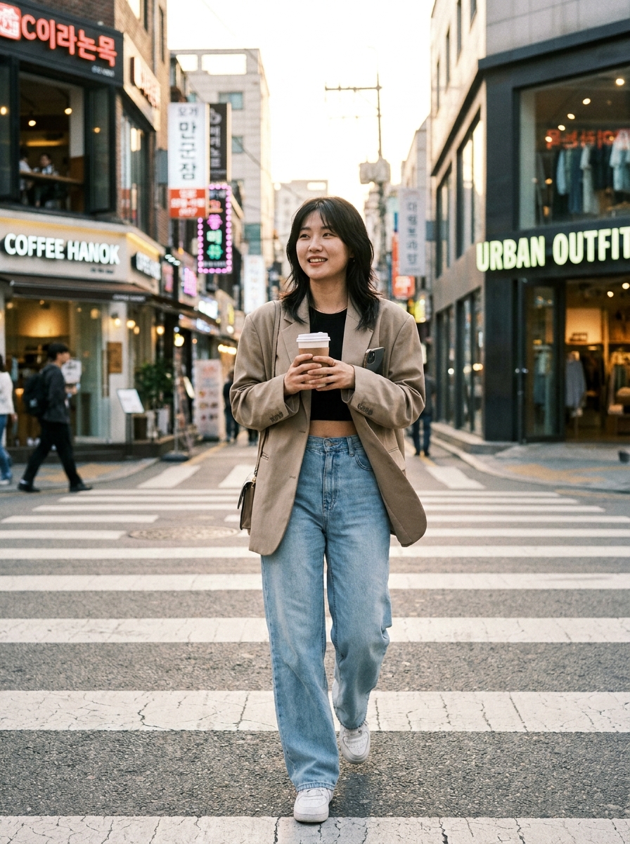 SKIPIKS AIファッション写真 — casual, chic — 가을의 편안한 무드를 담은 베이지 블레이저와 청바지의 조합이 눈에 띄어요. 크롭탑과 매치한 이 룩은 세련된 동시에 자유로운 느낌을 주며, 데일리