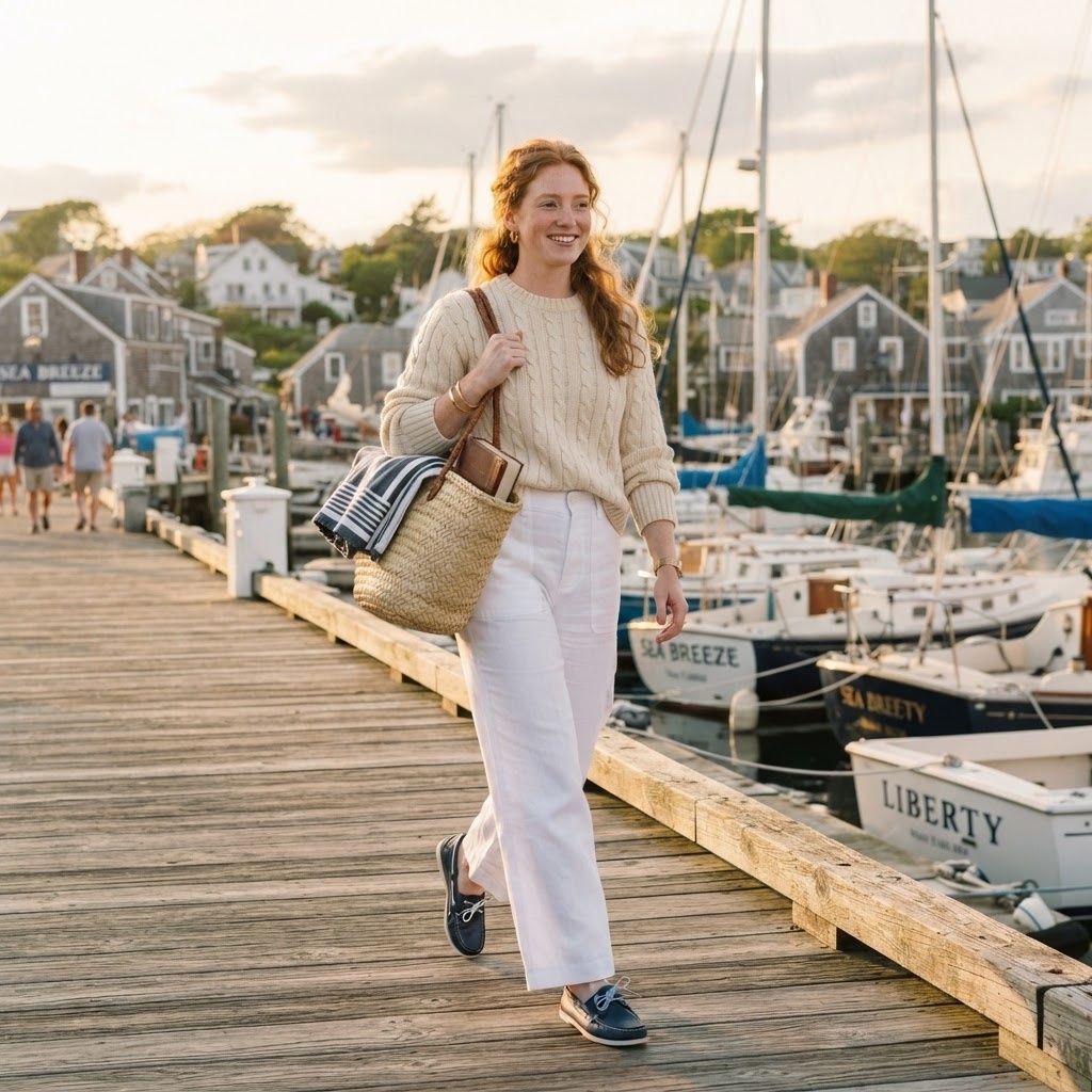 SKIPIKS AI 패션 화보 — casual, preppy, coastal — 따스한 베이지 니트 스웨터가 부드럽고 아늑한 느낌을 연출해 주는 룩입니다. 화이트 와이드 팬츠와의 조합으로 가볍고 세련된 인상을 줍니다. 라탄 
