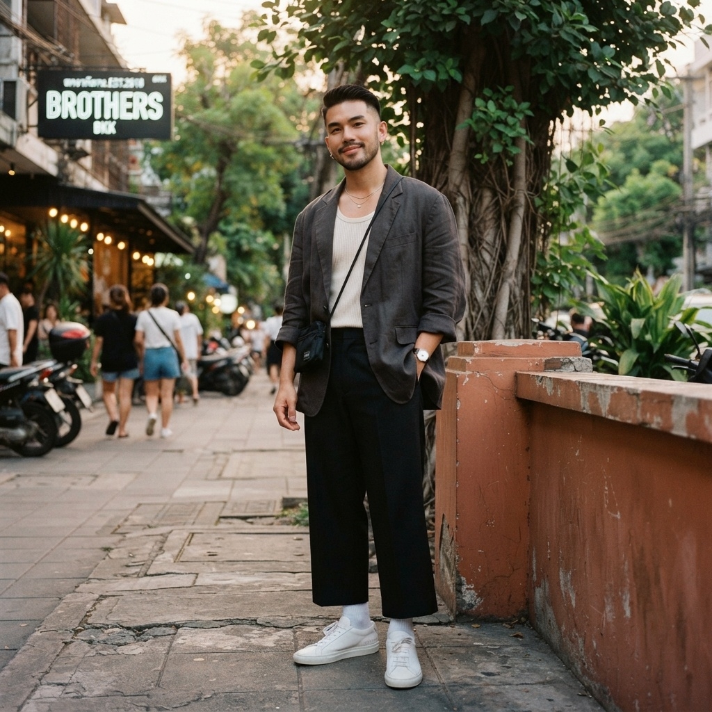 SKIPIKS AIファッション写真 — minimalist, casual — 심플하면서도 시크한 매력이 있는 모던한 가을 룩이에요. 다크 그레이 재킷과 블랙 와이드 팬츠의 조화가 세련된 느낌을 줍니다. 화이트 스니커즈로 
