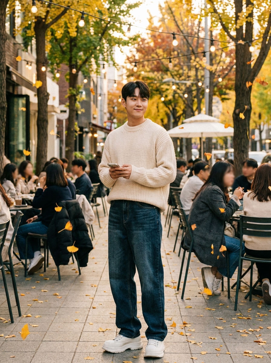 SKIPIKS AI 패션 화보 — casual, minimalist — 아이보리 니트 스웨터와 진청바지로 가을의 감성을 담은 따뜻한 캐주얼룩을 완성해보세요. 소프트한 컬러감으로 부드러운 이미지가 강조됩니다. 깔끔한 