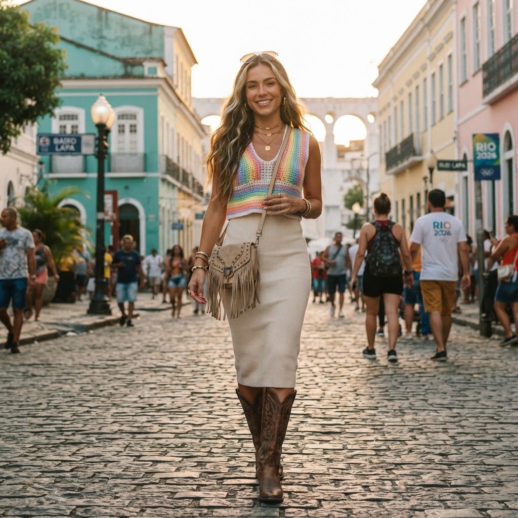 SKIPIKS AIファッション写真 — bohemian, vintage — 무지개 색상의 크로셰 니트와 베이지색 스커트의 조합이 편안하면서도 스타일리시한 무드를 연출합니다. 프린지 디테일 가방과 웨스턴 부츠로 보헤미안 