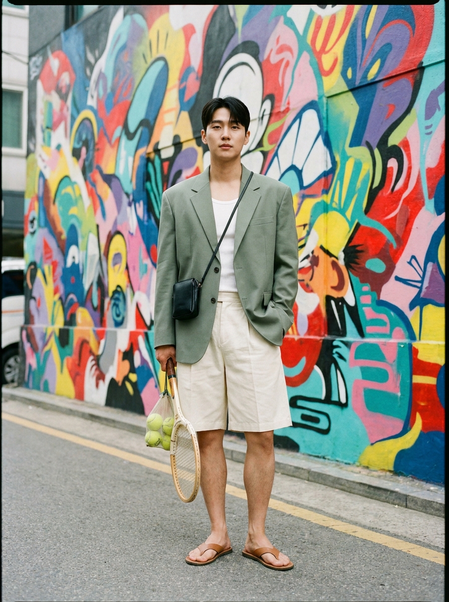 SKIPIKS AI 패션 화보 — streetwear, casual — 청록색 블레이저와 흰색 탱크탑이 어우러져 산뜻하고 시원한 무드를 자아냅니다. 여기에 베이지 반바지와 갈색 샌들을 매치해 여름철 데일리룩으로 완성