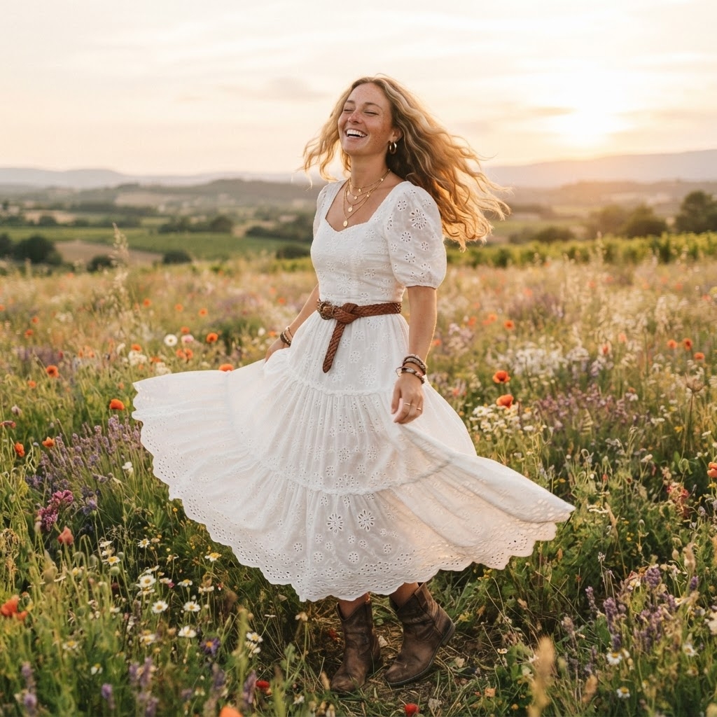 SKIPIKS AI 패션 화보 — bohemian, feminine, rustic — 이 룩은 자연과 하나되어 흐르는 보헤미안 감성을 자아내요. 화이트 롱 드레스와 갈색 카우보이 부츠가 내추럴하면서도 우아한 분위기를 완성합니다. 