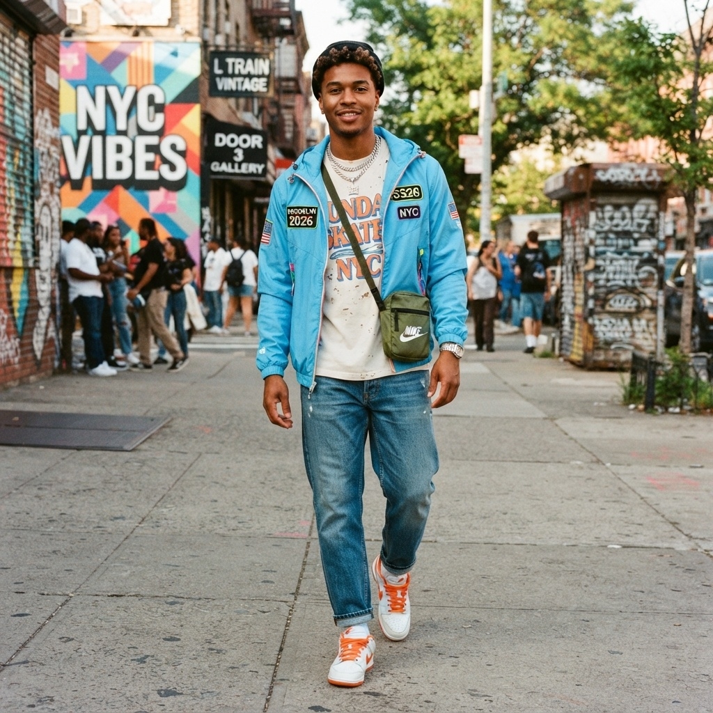 SKIPIKS AI fashion editorial — streetwear, casual — 블루 재킷과 컬러풀한 티셔츠가 돋보이는 경쾌한 스트리트 패션이에요. 여기에 빈티지한 청바지를 매치해 편안하면서도 스타일리시한 무드를 완성했어요.