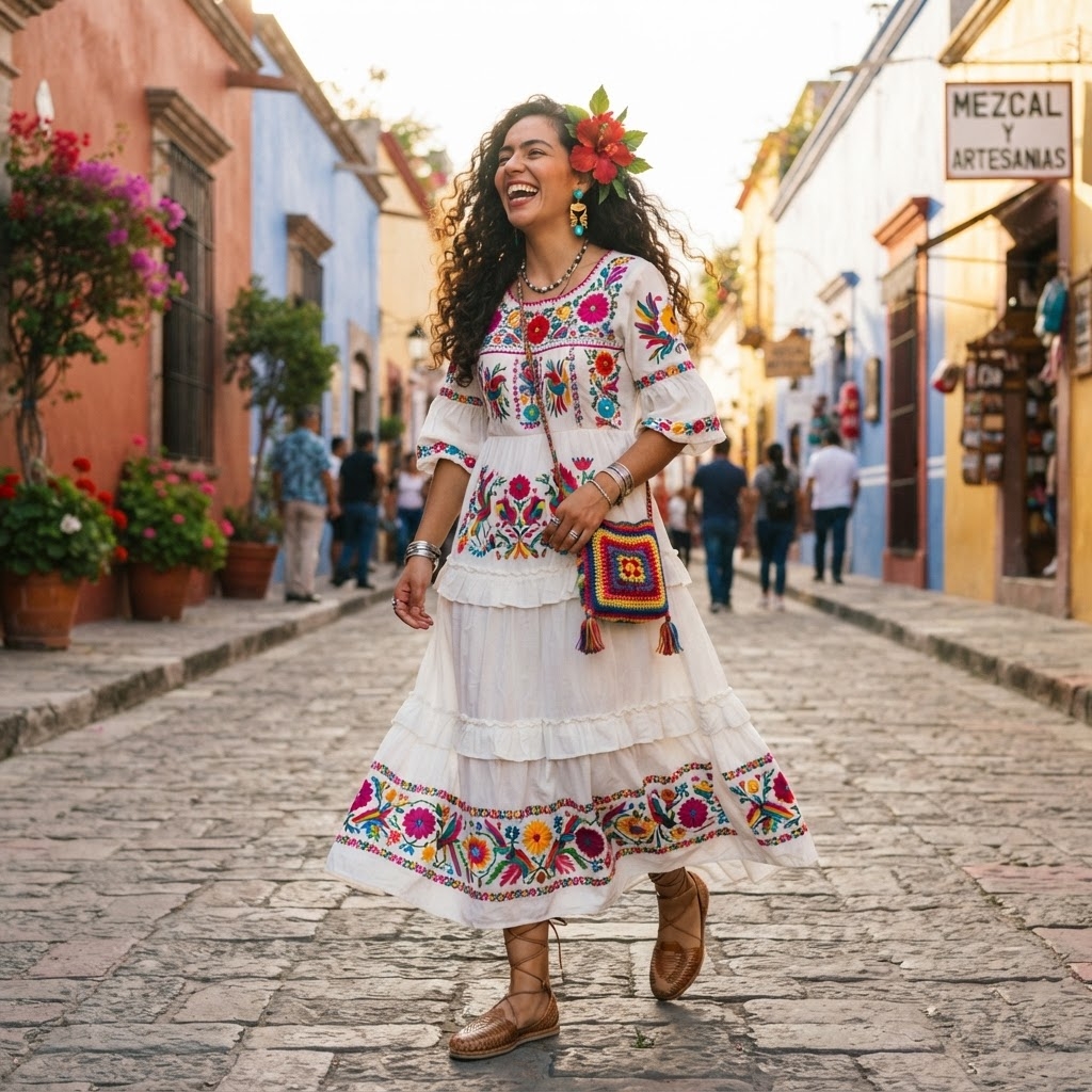 SKIPIKS AIファッション写真 — bohemian, colorful, feminine — 화려한 자수가 돋보이는 보헤미안 스타일의 드레스가 경쾌한 분위기를 연출해요. 플로럴 머리 장식과 컬러풀한 가방으로 팝한 포인트를 더해보세요. 여