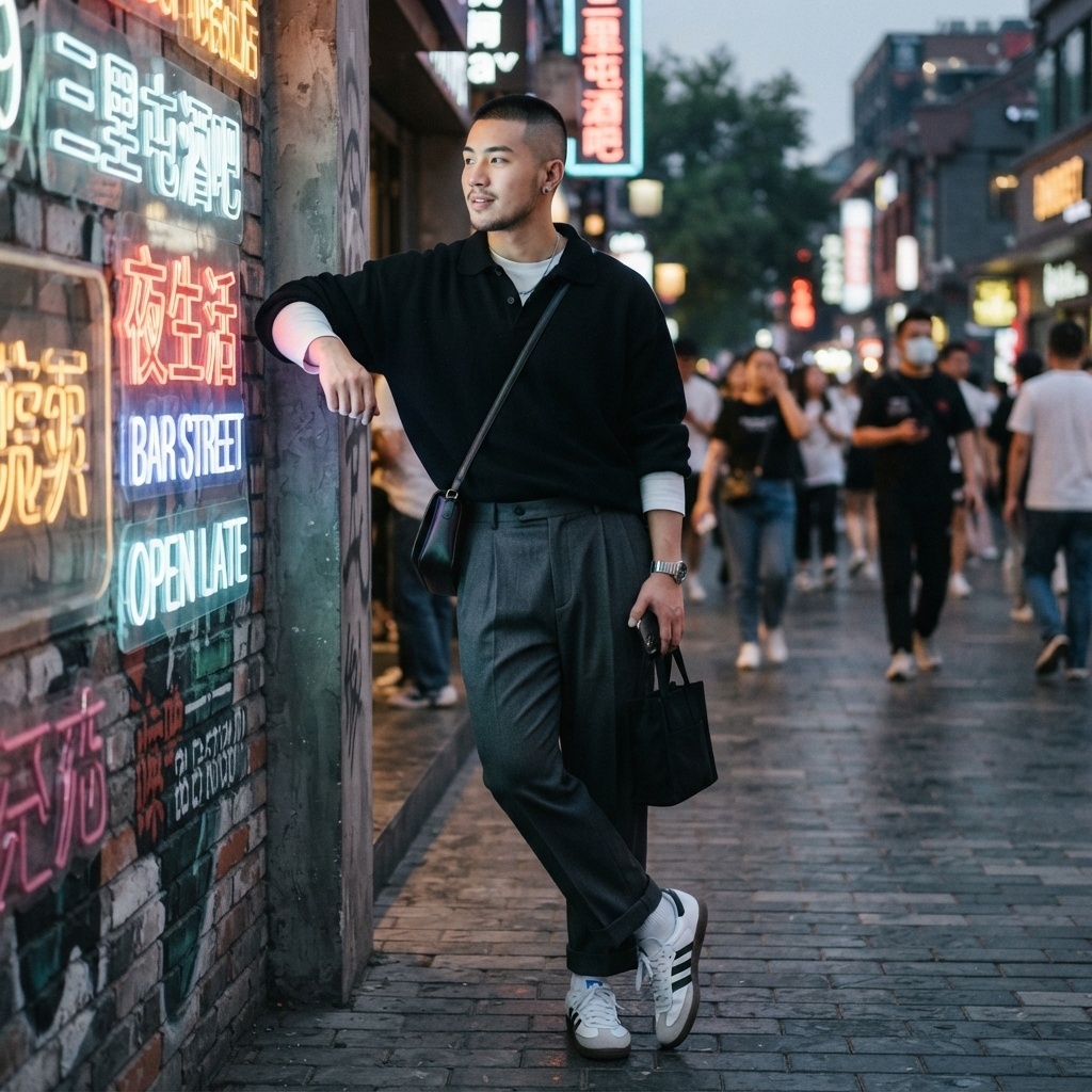 SKIPIKS AI fashion editorial — urban, casual — 어둡지만 세련된 블랙 스웨터와 그레이 슬랙스의 조화가 시선을 사로잡습니다. 여기에 블랙 크로스백과 화이트 스니커즈를 매칭해 캐주얼하면서도 모던한