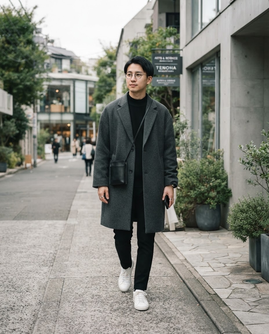SKIPIKS AI时尚大片 — minimalist, streetwear — 차분한 회색 코트와 검정 니트의 조합이 고급스러우면서도 실용적인 가을의 도심 스타일을 완성합니다. 깔끔한 흰색 스니커즈로 전체적인 룩에 포인트를