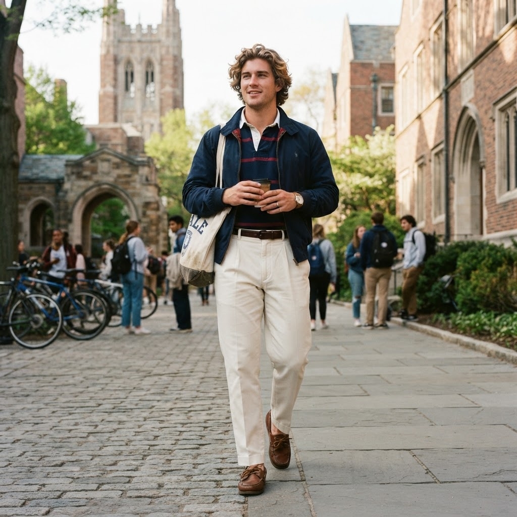 SKIPIKS AI时尚大片 — preppy, collegiate — 네이비 재킷과 와인색 폴로 셔츠의 조합이 우아하고 세련된 캠퍼스룩을 연출해보세요. 크림 컬러 팬츠와 브라운 로퍼로 클래식한 포인트를 더해보세요.