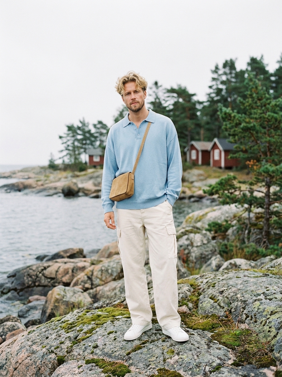 SKIPIKS AI fashion editorial — casual, minimalist — 부드러운 하늘색 니트와 베이지 카고 바지의 조화가 청량하면서도 편안한 분위기를 연출합니다. 크로스백을 매치해 활동성을 더하고, 스니커즈로 캐주얼