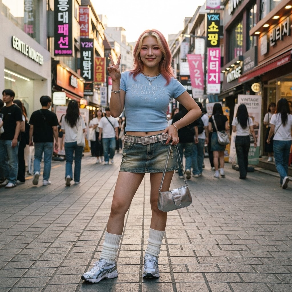 SKIPIKS AI时尚大片 — streetwear, vintage — 하늘색 크롭 티셔츠와 데님 스커트가 청량한 느낌을 주며 레트로 감성이 물씬 풍깁니다. 은색 목걸이와 반짝이는 벨트로 포인트를 주어 스타일에 트렌