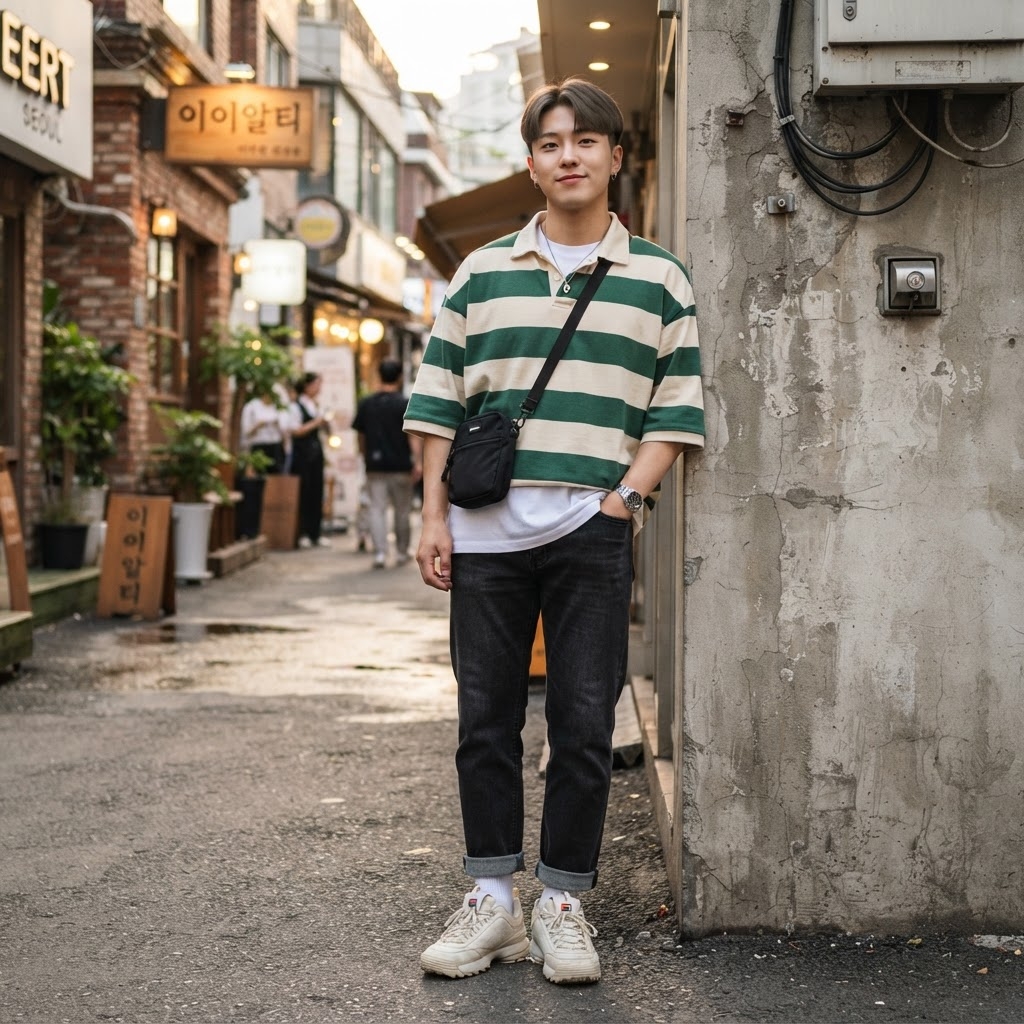 SKIPIKS AIファッション写真 — casual, streetwear — 초록색과 흰색 스트라이프의 크롭 셔츠가 경쾌한 가을 캐주얼 룩을 만들어줍니다. 시원한 느낌의 화이트 티셔츠와 청바지를 매치하여 편안한 스타일을 