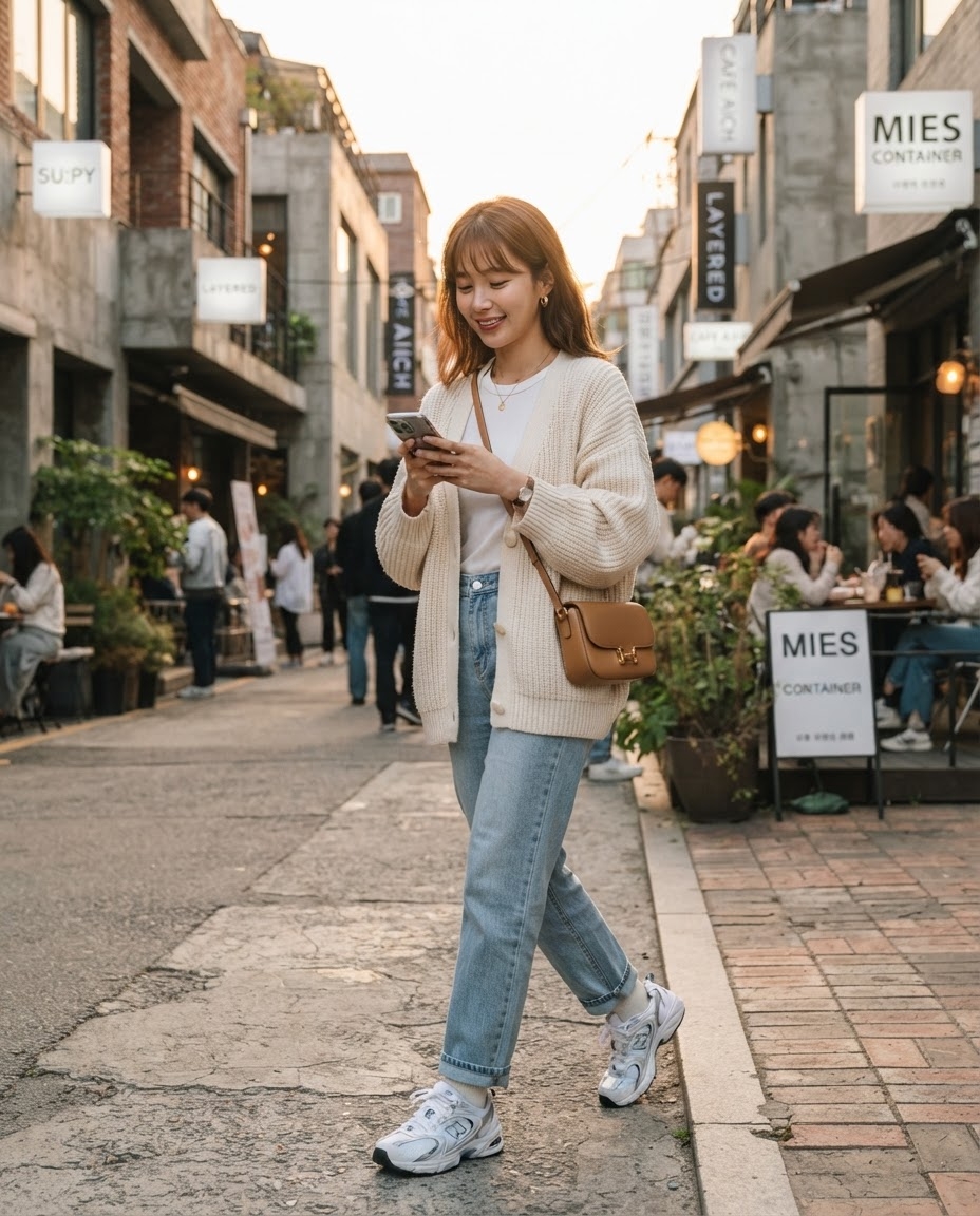 SKIPIKS AIファッション写真 — casual, chic — 베이지색 가디건과 청바지 조합이 가을날의 편안함을 연출해요. 화이트 티셔츠와 운동화로 캐주얼한 무드를 더해 스타일리시함을 놓치지 않아요. 데일리