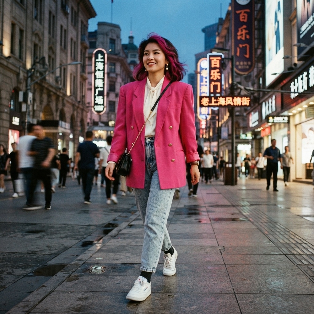 SKIPIKS AI时尚大片 — streetwear, colorful — 화려한 핑크 블레이저가 돋보이는 시크한 룩입니다. 화이트 셔츠와 연청바지로 깔끔한 조화를 이루며, 캐주얼한 운동화로 편안함을 더했어요. 도시에서