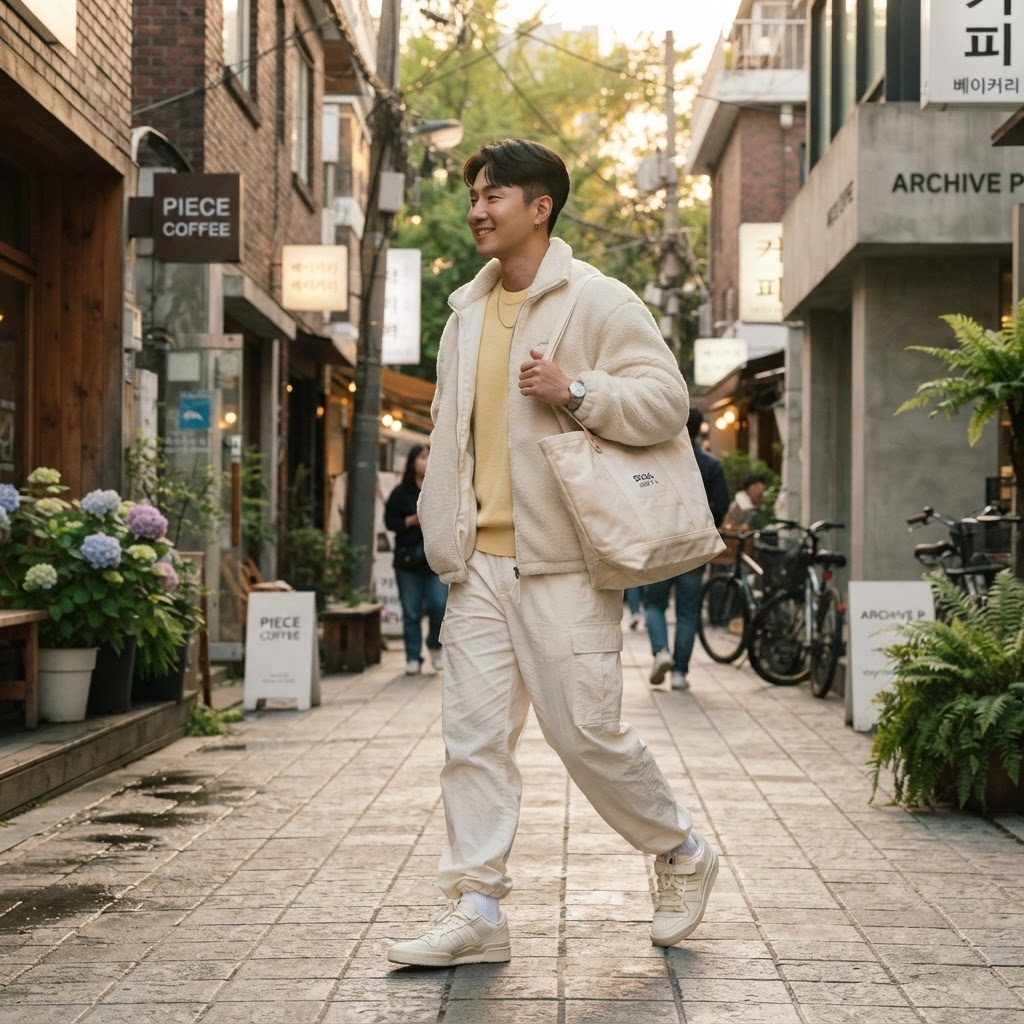 SKIPIKS AIファッション写真 — casual, minimalist — 부드러운 크림 컬러와 옐로우 톤의 조합으로 따뜻하고 편안한 분위기를 연출해보세요. 플리스 자켓과 조거 팬츠를 매치해 캐주얼한 무드를 살릴 수 있