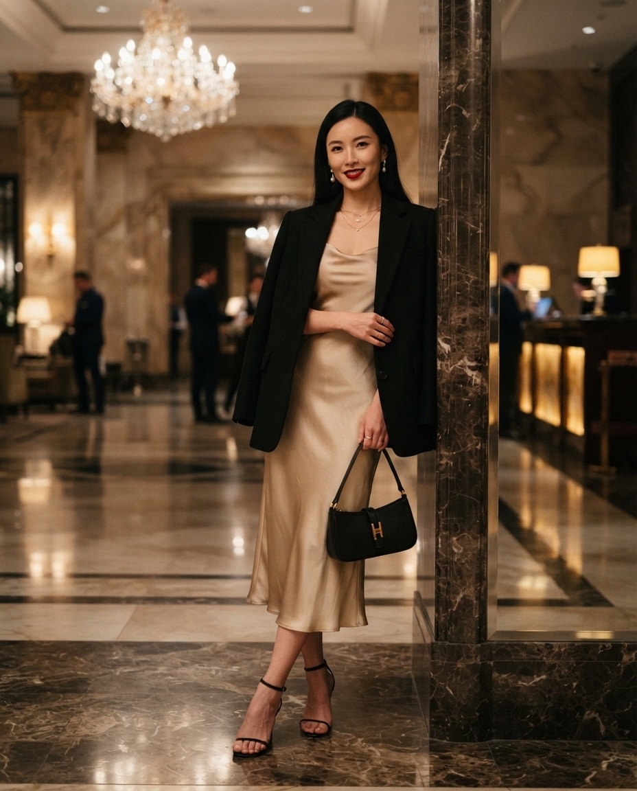 SKIPIKS AIファッション写真 — chic, sophisticated, minimalist — 부드러운 베이지 드레스와 블랙 블레이저의 조합으로 세련된 분위기를 연출해보세요. 금색 액세서리로 포인트를 주어 더욱 럭셔리한 느낌을 더했습니다.
