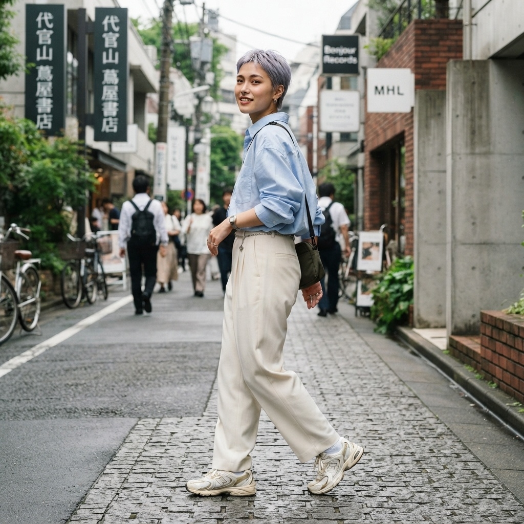 SKIPIKS AI 패션 화보 — modern, minimalist — 하늘색 셔츠와 아이보리 팬츠가 어우러져 세련된 봄 분위기를 연출합니다. 카키 색상의 숄더백과 편안한 운동화를 매치하면 데일리룩으로 손색없습니다.
