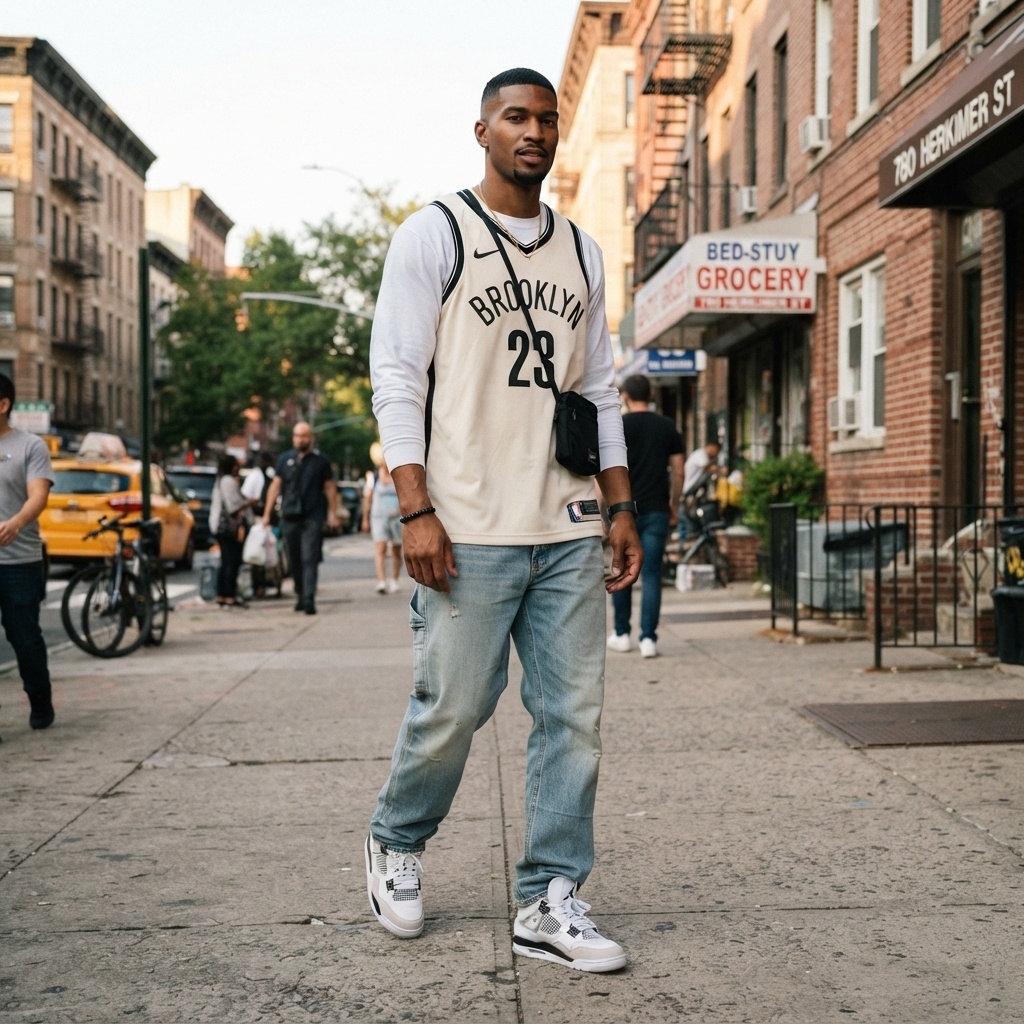 SKIPIKS AI时尚大片 — streetwear, sporty — 베이지 톤의 농구 저지와 흰색 티셔츠 조합이 스포티하면서도 캐주얼한 무드를 연출해요. 연청색 청바지와 깔끔한 흰색 운동화로 스트리트 감성을 더욱