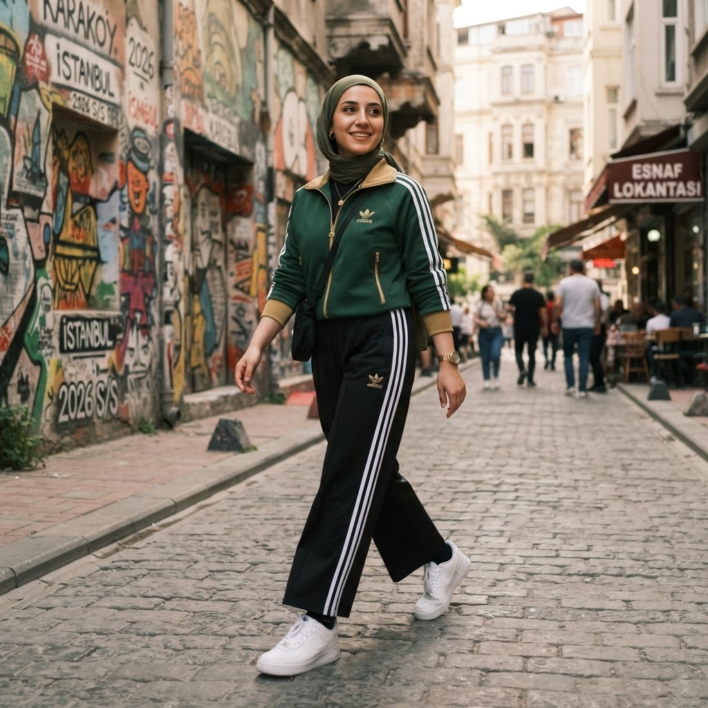 SKIPIKS AI时尚大片 — sporty, streetwear, casual — 초록색 트랙 재킷과 히잡이 매치되어 스포티하면서도 세련된 무드를 연출합니다. 검정 트랙 팬츠와 흰색 운동화를 함께 스타일링하여 편안하면서도 활동
