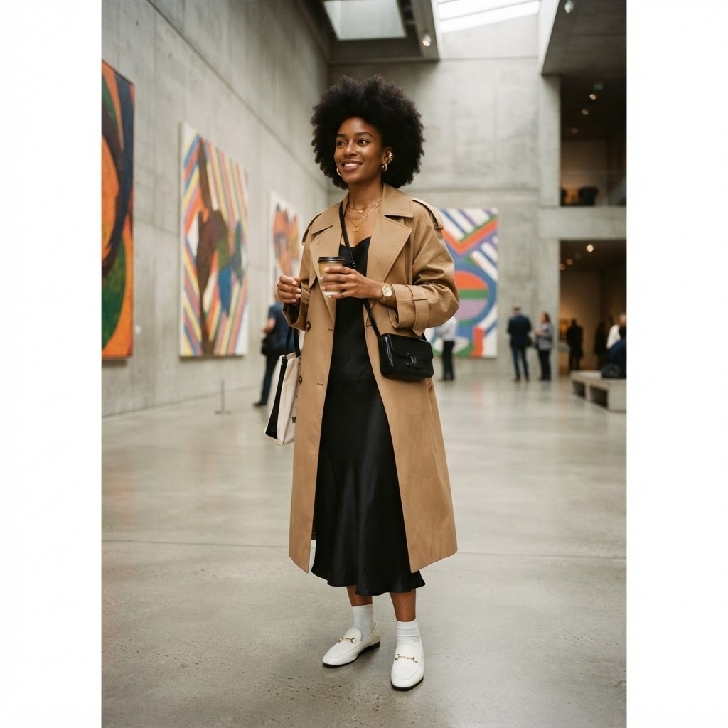 SKIPIKS AIファッション写真 — minimalist, chic, sophisticated — 베이지 트렌치코트와 검정 슬립 원피스의 조화가 세련되고 현대적인 무드를 완성해요. 흰색 로퍼와 크로스백으로 포인트를 주어 간결하면서도 멋스러운 