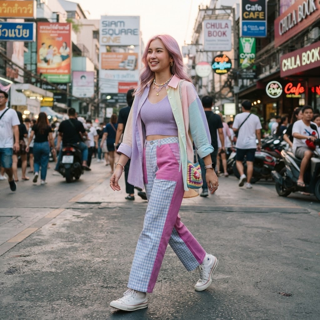 SKIPIKS AI fashion editorial — colorful, streetwear, casual — 파스텔 컬러의 오픈 셔츠와 라벤더 크롭 탑이 어우러져 상큼한 빈티지 스타일을 연출합니다. 배색 팬츠와 멀티컬러 크로셰 백으로 포인트를 주어 활기