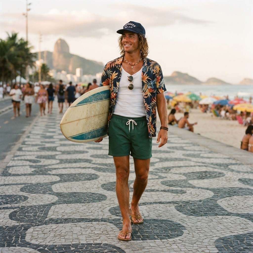 SKIPIKS AI时尚大片 — beachwear, casual, tropical — 다채로운 색감의 하와이안 셔츠가 눈에 띄는 여름 해변룩입니다. 흰색 민소매 티셔츠와 녹색 반바지로 시원한 느낌을 더욱 강조해보세요. 슬리퍼와 선
