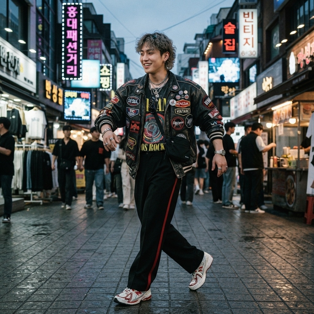 SKIPIKS AI时尚大片 — streetwear, rock, vintage — 유니크한 패치가 돋보이는 블랙 가죽 자켓과 프린팅 티셔츠가 스트리트 무드를 완성합니다. 캐주얼한 트랙 팬츠와 매치하여 편안하면서도 스타일리시한 