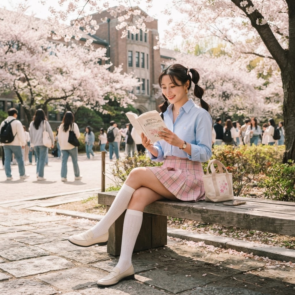 SKIPIKS AI时尚大片 — preppy, feminine — 청량한 하늘색 셔츠와 사랑스러운 핑크 체크 치마로 봄 기운을 한껏 느낄 수 있는 룩이에요. 깔끔한 아이보리 로퍼와 화사한 흰색 니삭스를 매치하면