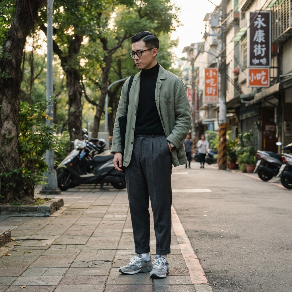 SKIPIKS AI fashion editorial — minimalist, streetwear — 카키 자켓과 그레이 팬츠가 어우러져 차분하고 도시적인 무드가 완성됩니다. 블랙 터틀넥과 색감을 맞춘 안경과 신발이 전체적인 스타일을 깔끔하게 정
