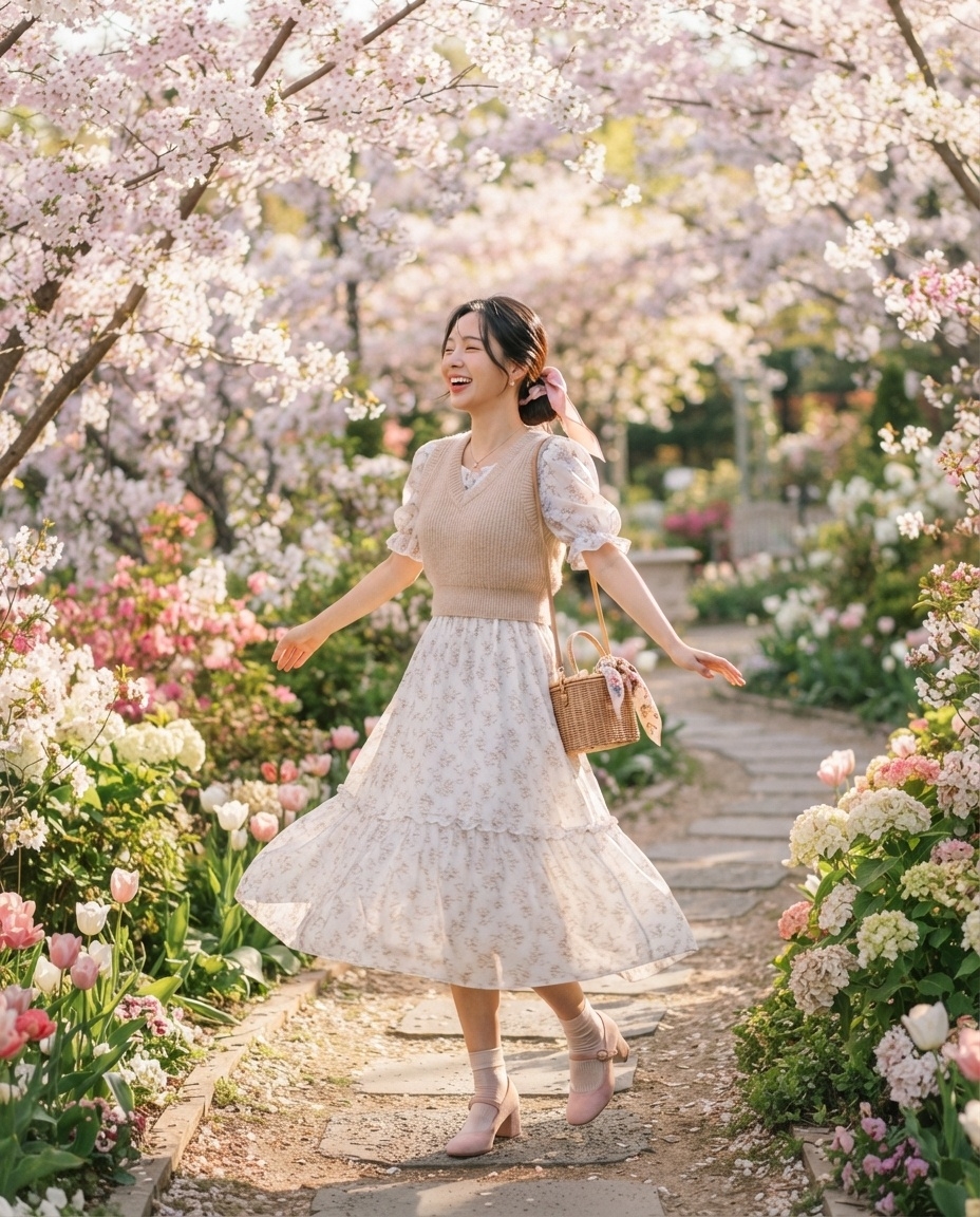 SKIPIKS AI时尚大片 — romantic, vintage, feminine — 부드러운 베이지 니트 베스트와 화사한 플로럴 패턴 원피스가 어우러져 로맨틱한 무드를 연출해 보세요. 라탄 백과 핑크 메리 제인 슈즈로 포인트를 