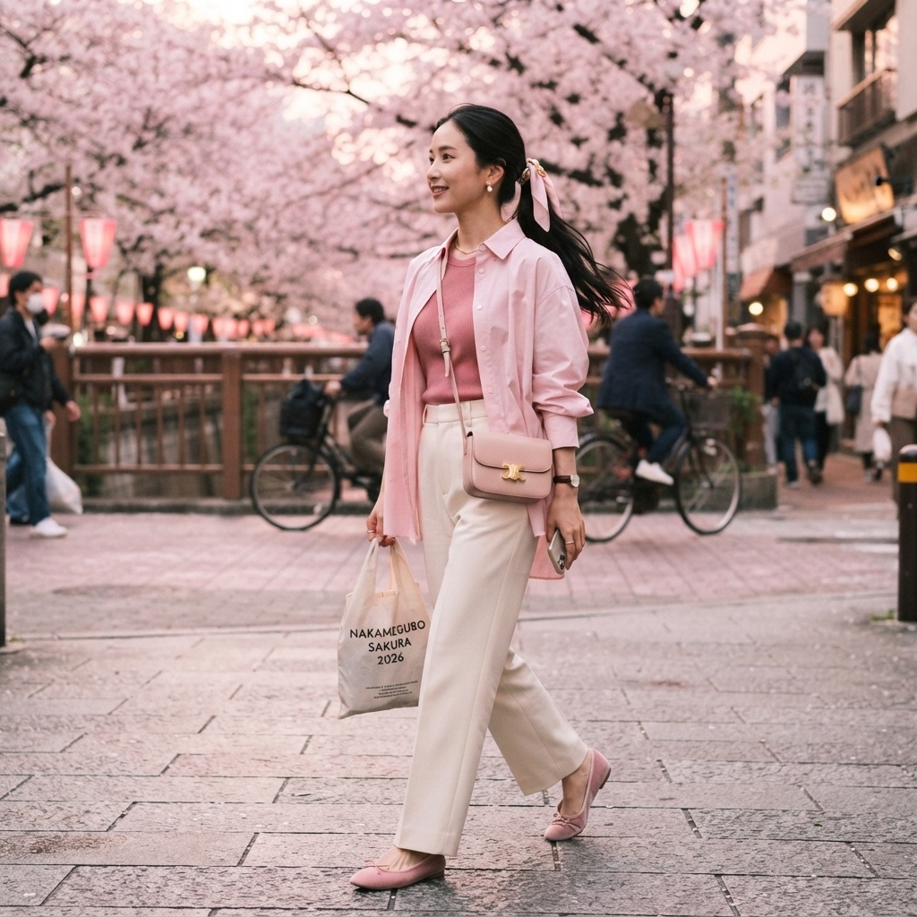 SKIPIKS AI时尚大片 — feminine, chic, pastel — 봄의 분위기를 담은 핑크와 크림 컬러의 조화가 매력적인 룩이에요. 핑크 셔츠와 니트에 크림 슬랙스를 매치해 밝고 산뜻한 이미지를 완성해보세요. 