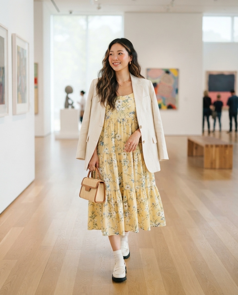SKIPIKS AI 패션 화보 — feminine, chic — 우아하면서도 사랑스러운 무드를 연출하는 룩이에요. 플로럴 원피스에 베이지 블레이저를 매치하여 세련미를 더했습니다. 데일리 룩으로는 물론, 가볍게